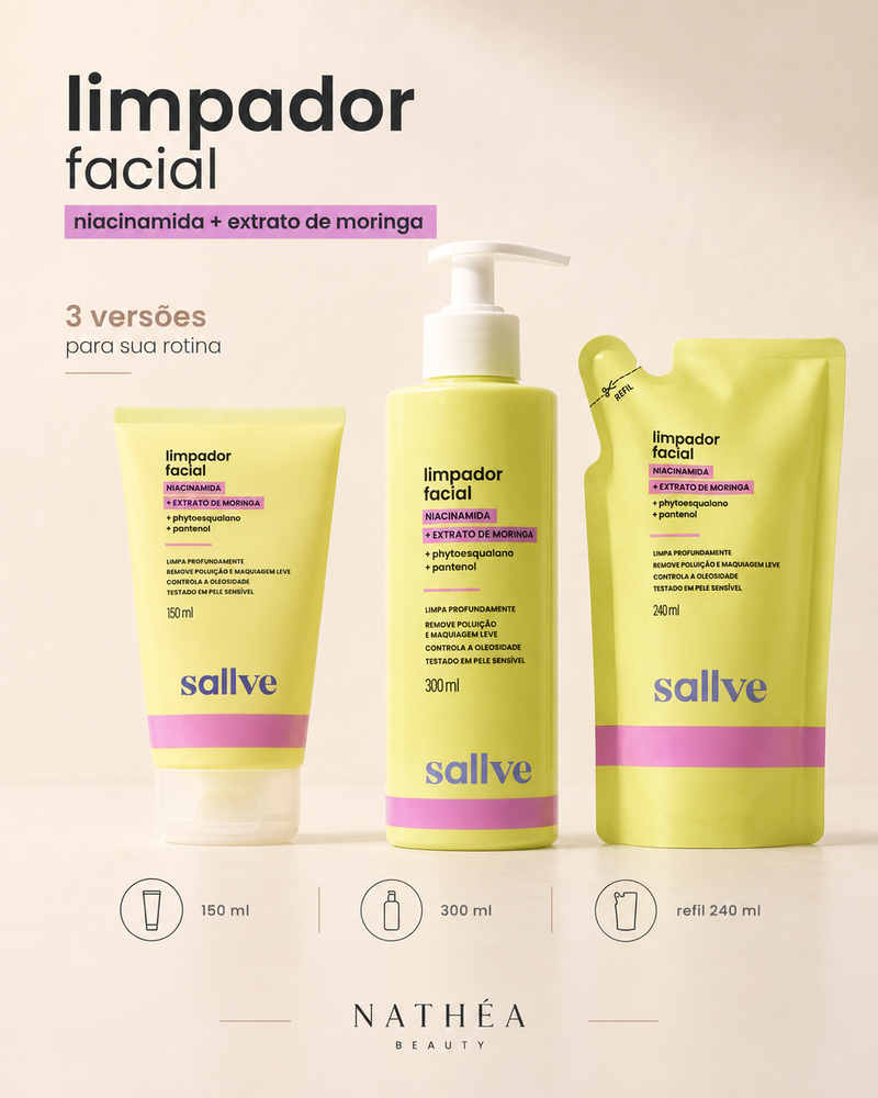 Limpador Facial Sallve em três versões: 150 ml, 300 ml e refil 240 ml